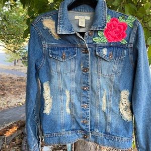 Marci Distressed Embroidered Rose Denim Jacket